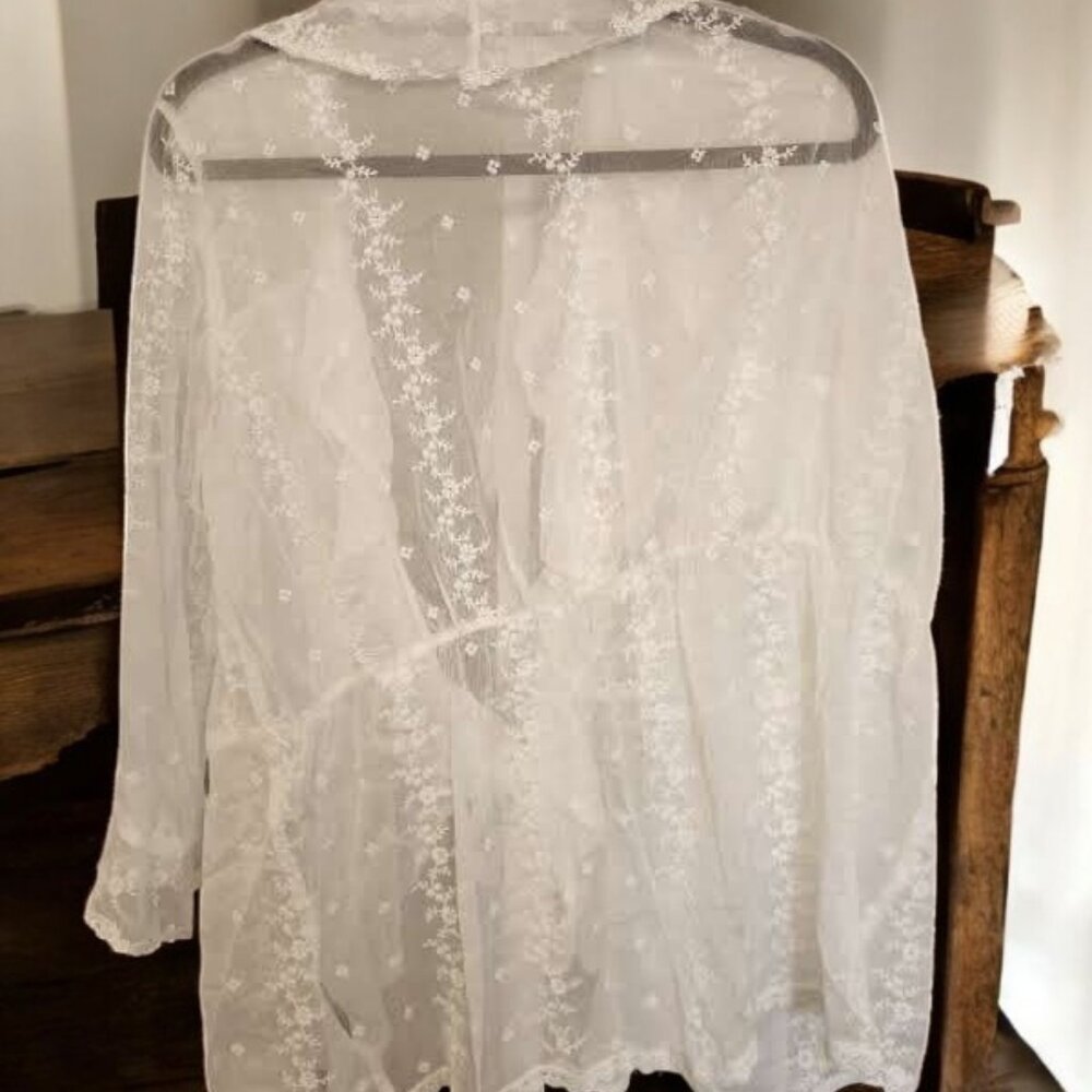 POL Sheer Tie-Front Blouse with Floral Embroidery – Size Medium - Picture 8 of 13